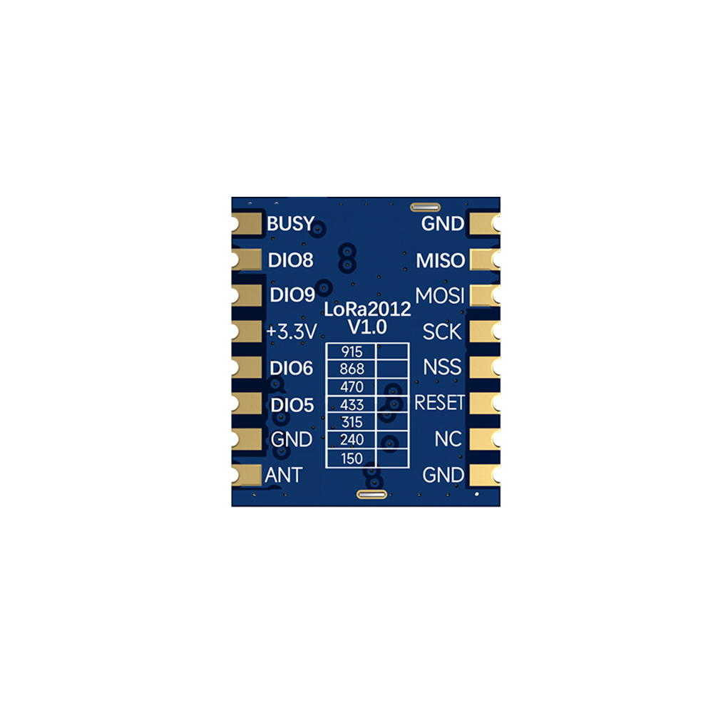 LoRa2012 LoRa無線通信模塊背面，展示MISO、MOSI、SCK、NSS、ANT等引腳標(biāo)識